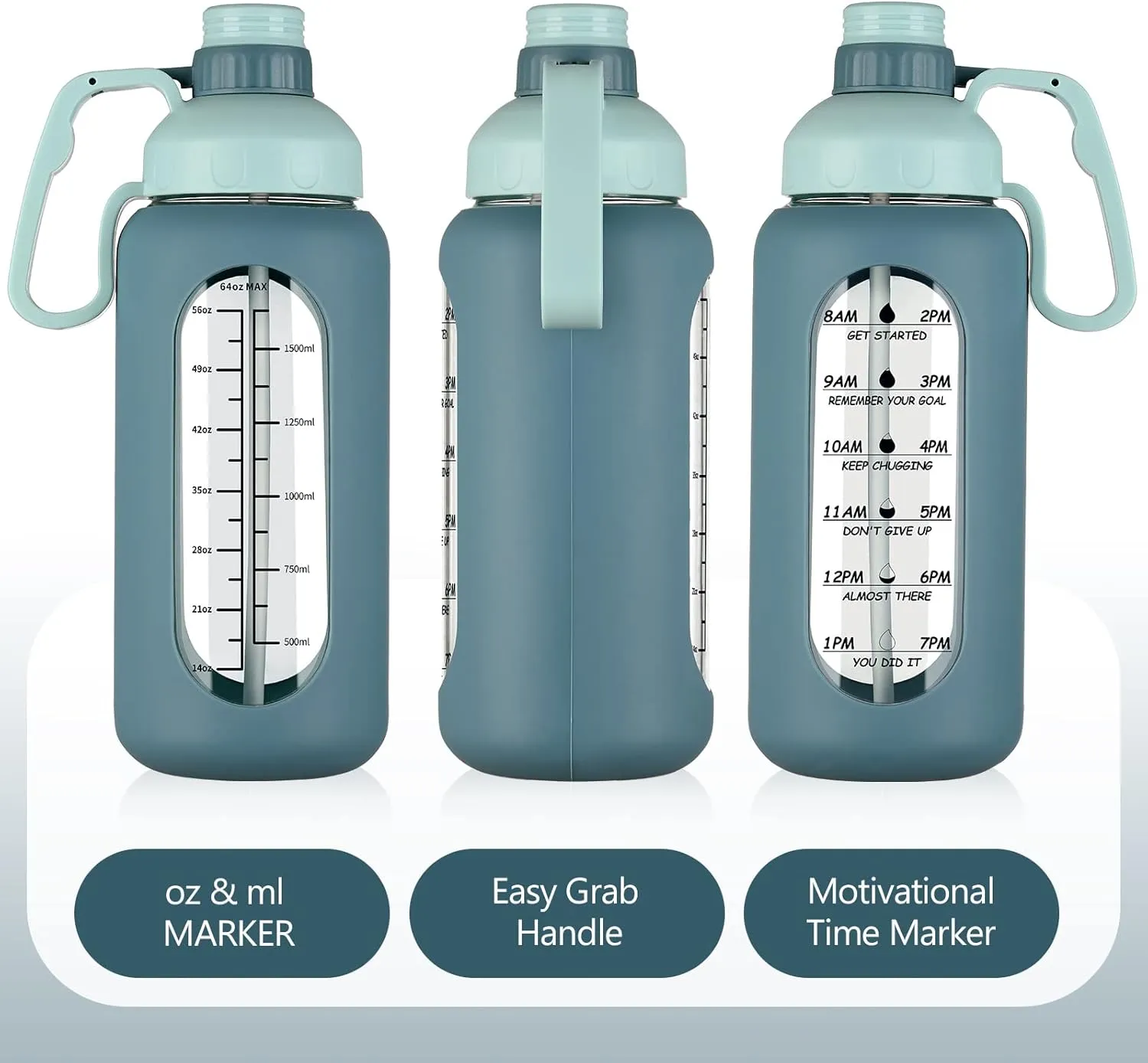 MUKOKO 64oz Glass Water Bottles with Straw, Half Gallon Water Jug with Time Marker, Sports Large Motivational Bottle with Silicone Sleeve, Blue