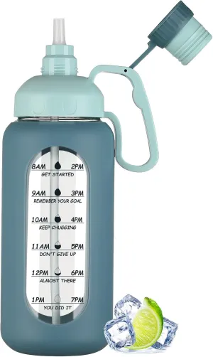 MUKOKO 64oz Glass Water Bottles with Straw, Half Gallon Water Jug with Time Marker, Sports Large Motivational Bottle with Silicone Sleeve, Blue