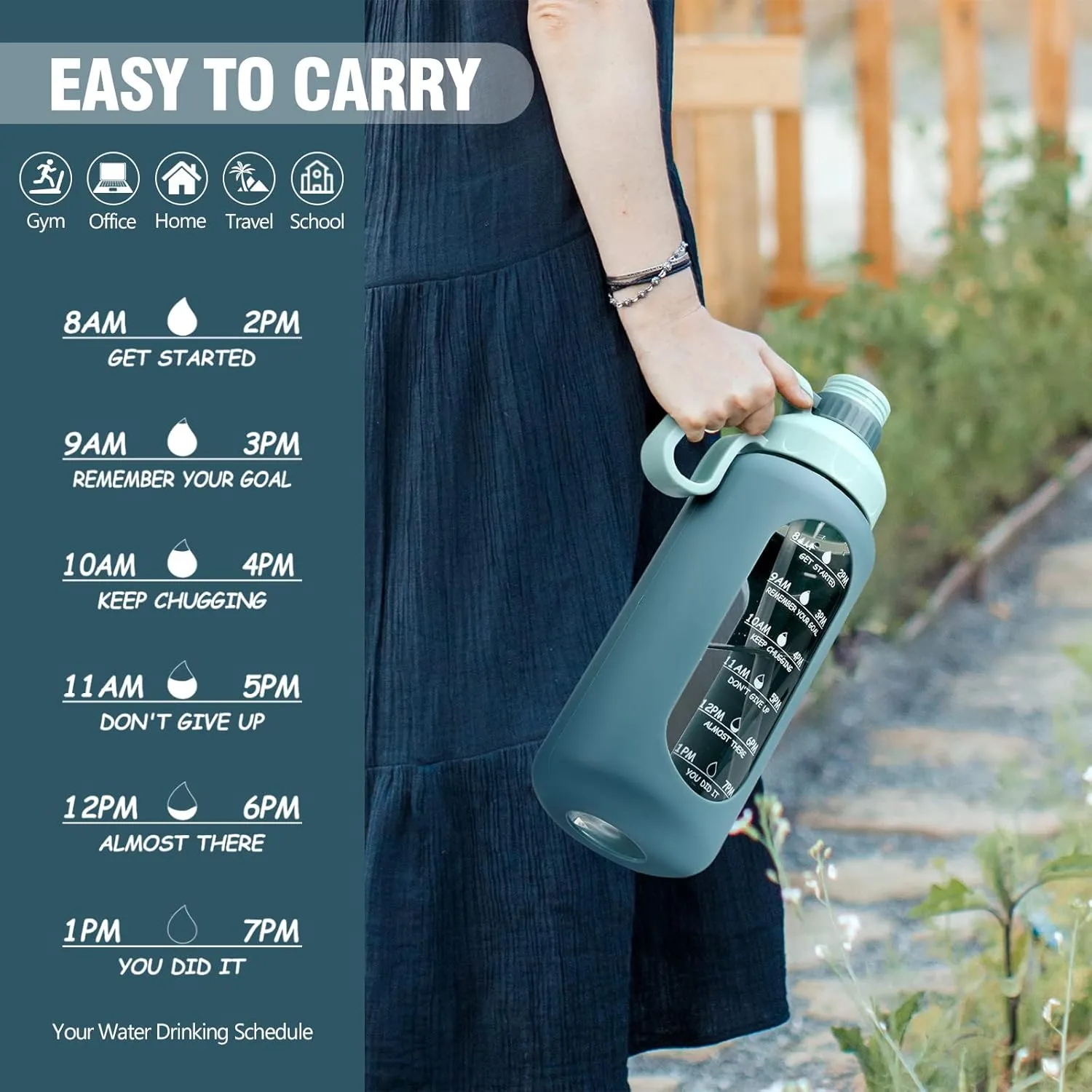 MUKOKO 64oz Glass Water Bottles with Straw, Half Gallon Water Jug with Time Marker, Sports Large Motivational Bottle with Silicone Sleeve, Blue