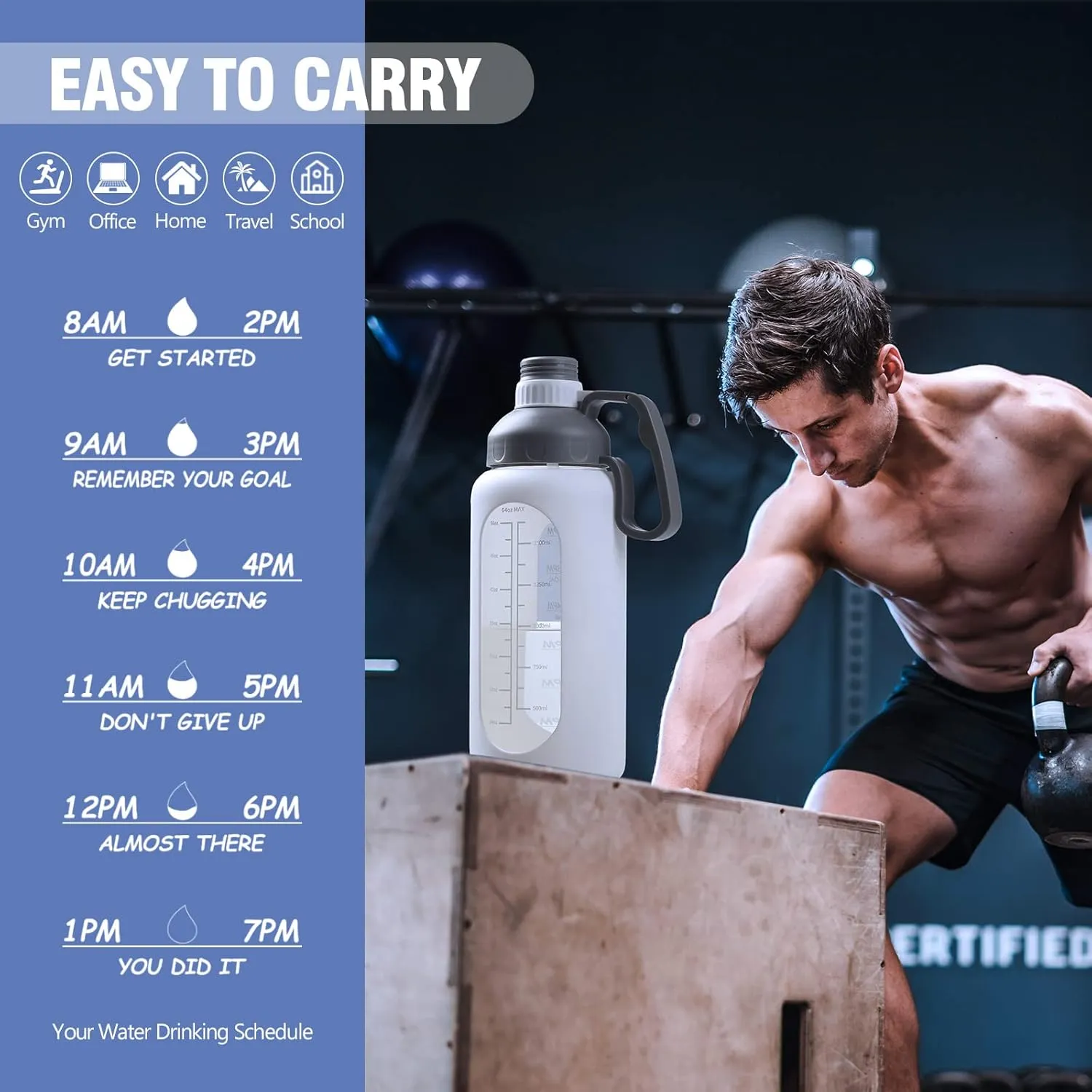 MUKOKO 64oz Glass Water Bottles with Straw, Half Gallon Water Jug with Time Marker, Sports Large Motivational Bottle with Silicone Sleeve, White