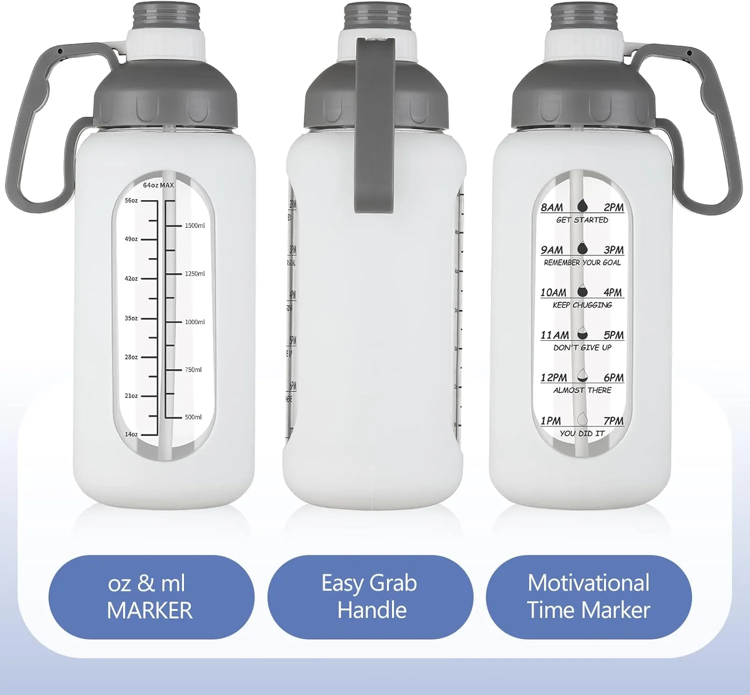 MUKOKO 64oz Glass Water Bottles with Straw, Half Gallon Water Jug with Time Marker, Sports Large Motivational Bottle with Silicone Sleeve, White