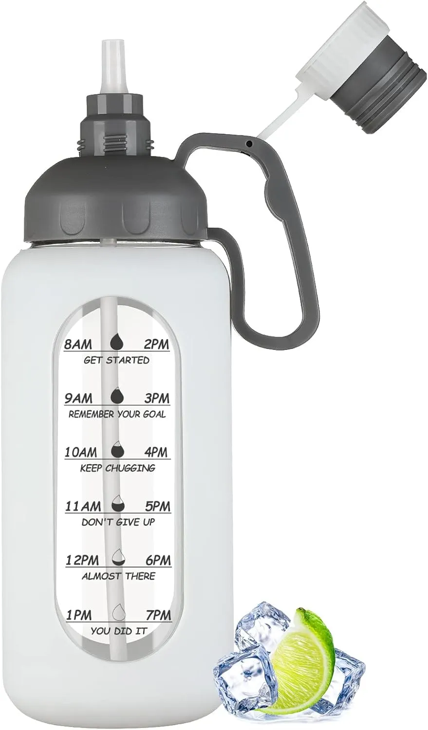 MUKOKO 64oz Glass Water Bottles with Straw, Half Gallon Water Jug with Time Marker, Sports Large Motivational Bottle with Silicone Sleeve, White