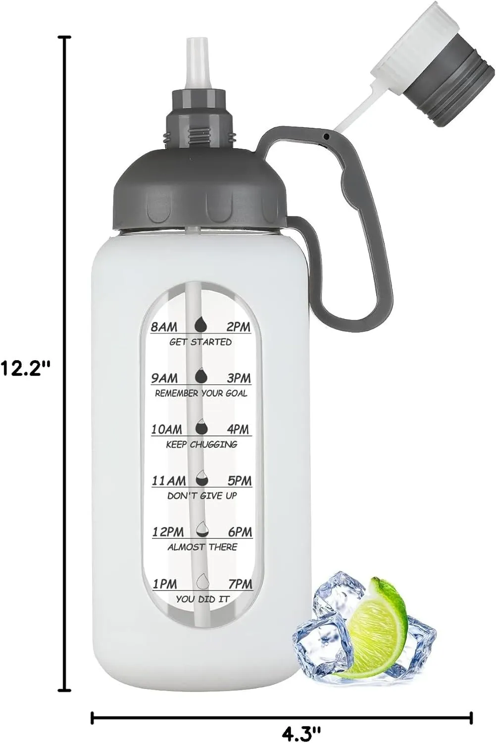 MUKOKO 64oz Glass Water Bottles with Straw, Half Gallon Water Jug with Time Marker, Sports Large Motivational Bottle with Silicone Sleeve, White