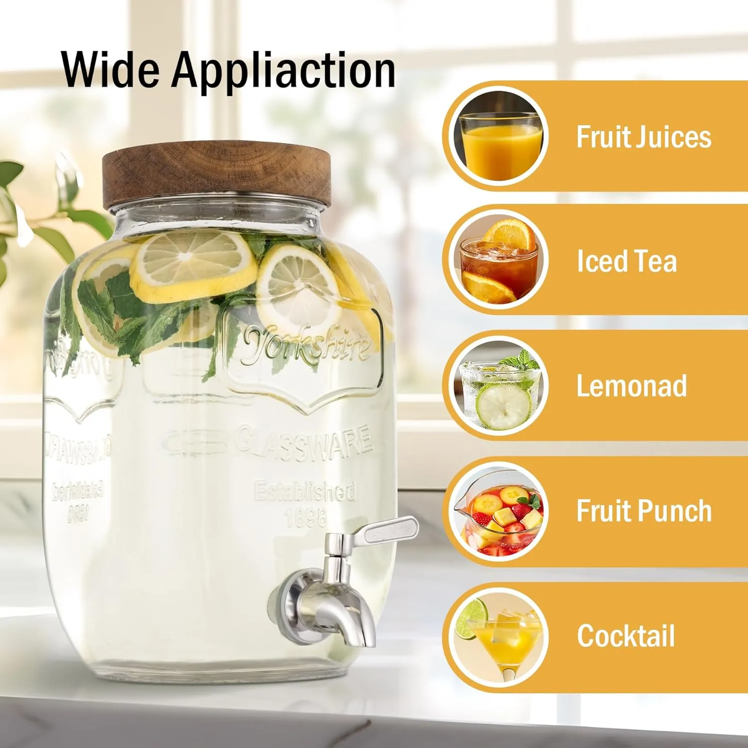 Mustry Glass Drink Dispenser for Parties, 1 Gallon Beverage Dispenser with Spigot Solid Stainless Steel, Used as Lemonade Dispenser Sun Tea Jar Kombucha Jar