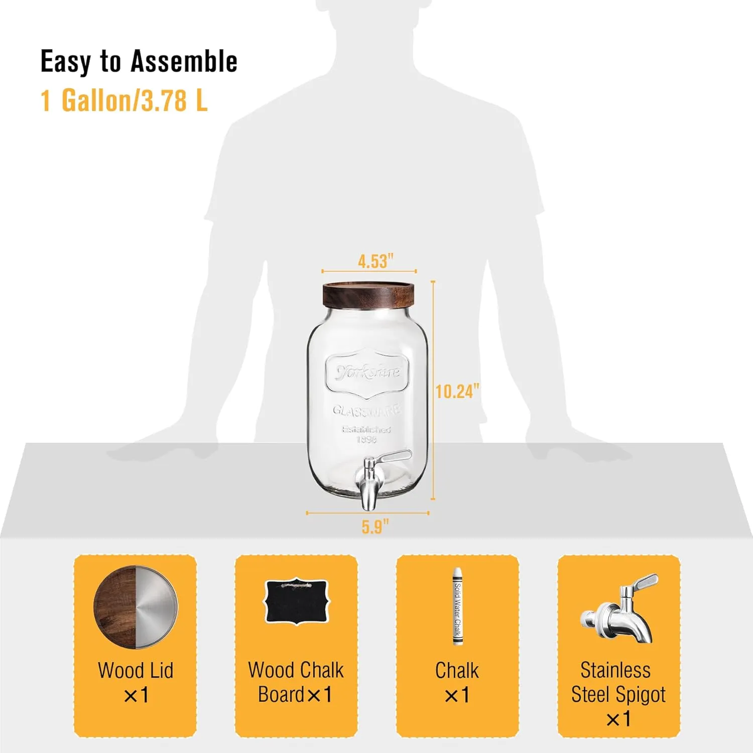 Mustry Glass Drink Dispenser for Parties, 1 Gallon Beverage Dispenser with Spigot Solid Stainless Steel, Used as Lemonade Dispenser Sun Tea Jar Kombucha Jar