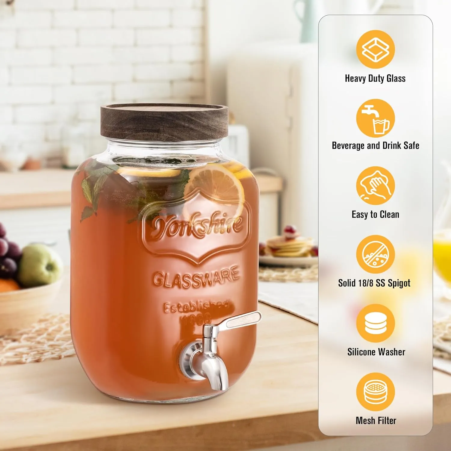 Mustry Glass Drink Dispenser for Parties, 1 Gallon Beverage Dispenser with Spigot Solid Stainless Steel, Used as Lemonade Dispenser Sun Tea Jar Kombucha Jar