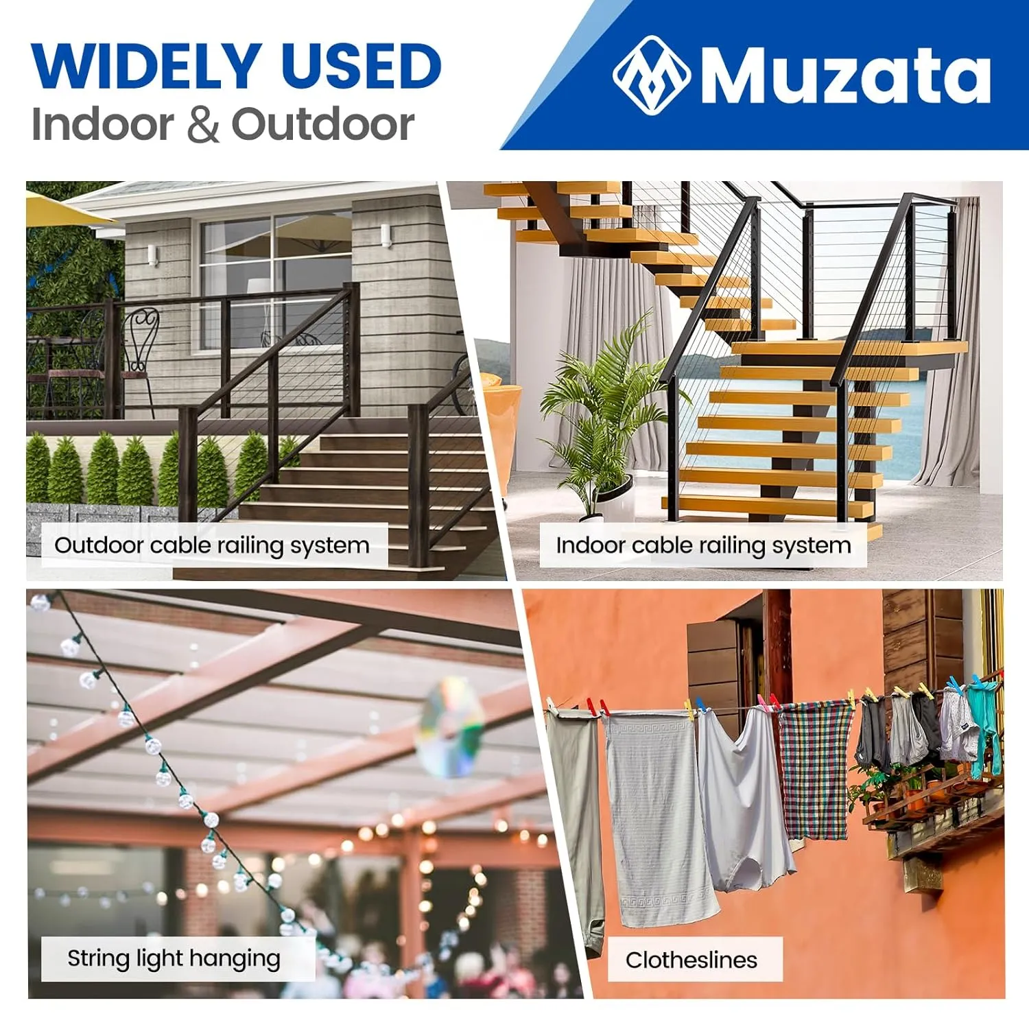 Muzata 150 ft 1/8" Black Stainless Steel Cable Railing System Hardware T316 Stainless Steel Wire Rope 7x7 Strands 1800 lb Breaking Strength Black Cable Railing Kit for Indoor Outdoor WR19