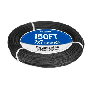 Muzata 150 ft 1/8" Black Stainless Steel Cable Railing System Hardware T316 Stainless Steel Wire Rope 7x7 Strands 1800 lb Breaking Strength Black Cable Railing Kit for Indoor Outdoor WR19