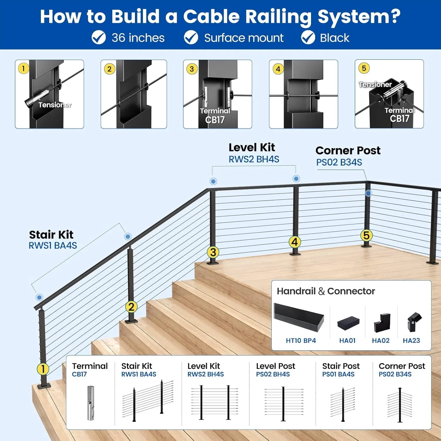 Muzata 150 ft 1/8" Black Stainless Steel Cable Railing System Hardware T316 Stainless Steel Wire Rope 7x7 Strands 1800 lb Breaking Strength Black Cable Railing Kit for Indoor Outdoor WR19