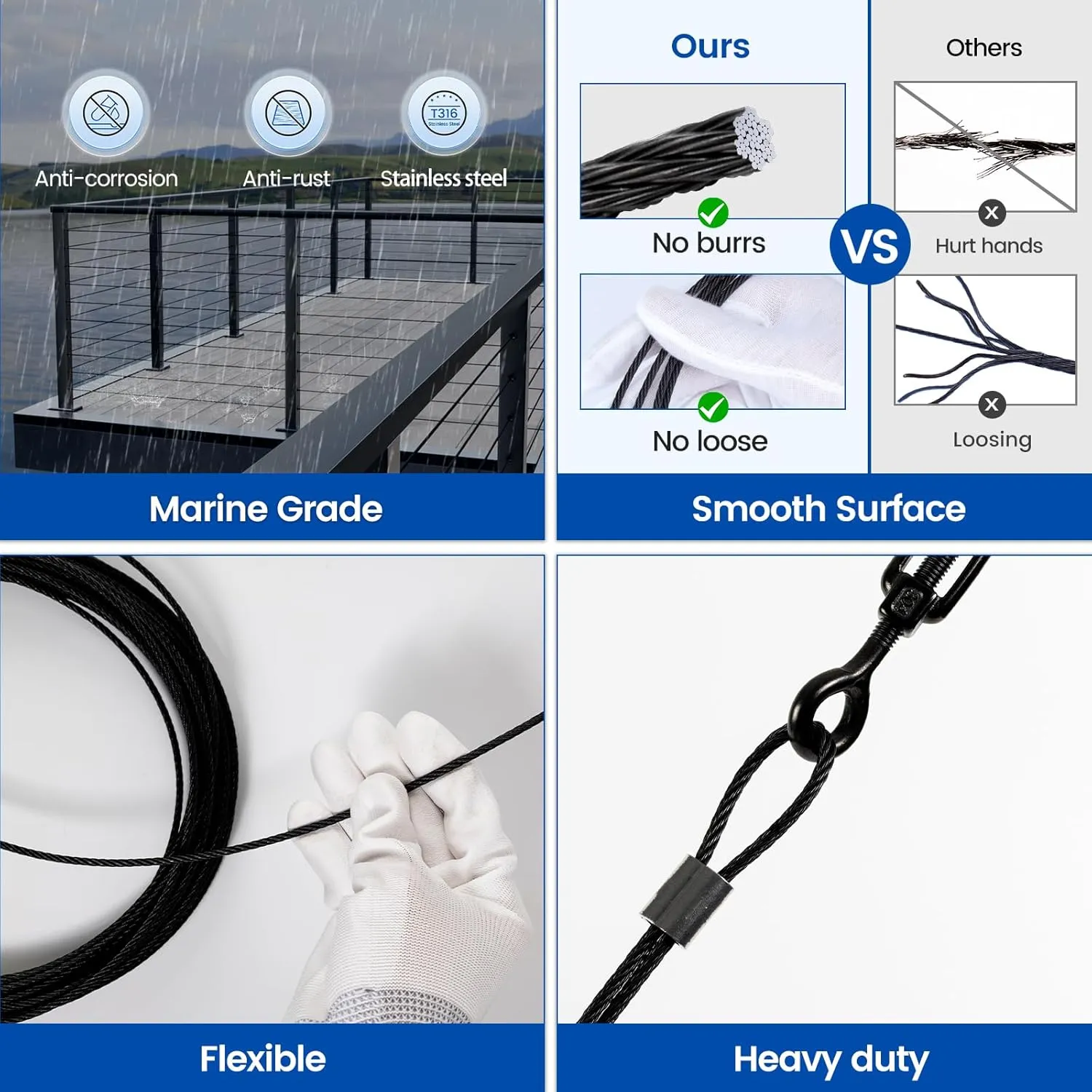 Muzata 150 ft 1/8" Black Stainless Steel Cable Railing System Hardware T316 Stainless Steel Wire Rope 7x7 Strands 1800 lb Breaking Strength Black Cable Railing Kit for Indoor Outdoor WR19