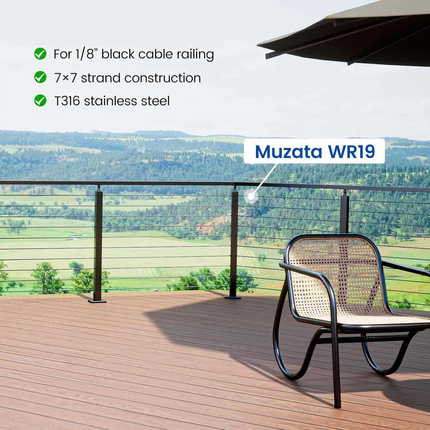 Muzata 150 ft 1/8" Black Stainless Steel Cable Railing System Hardware T316 Stainless Steel Wire Rope 7x7 Strands 1800 lb Breaking Strength Black Cable Railing Kit for Indoor Outdoor WR19