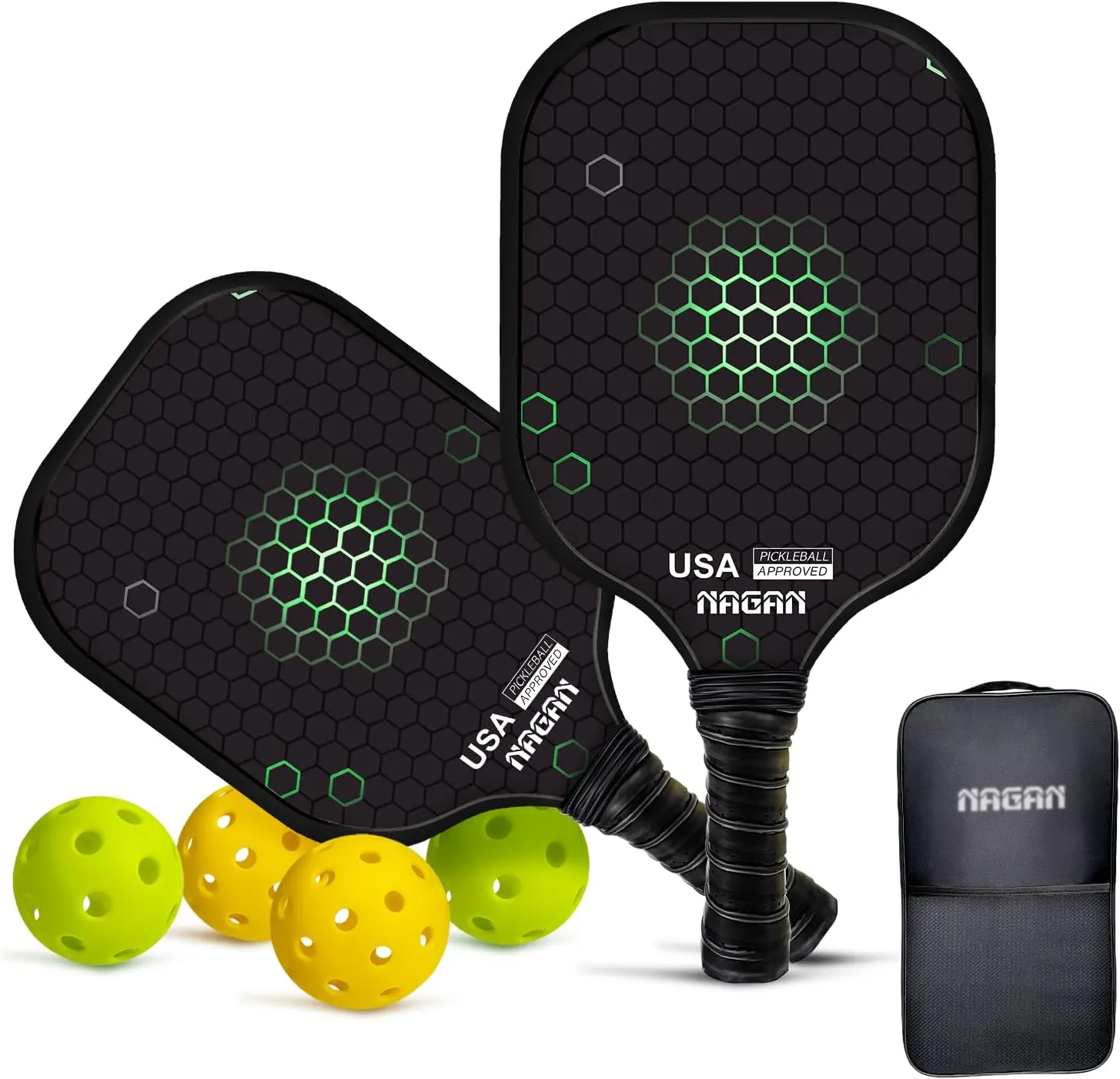 NAGAN USAPA Approved Pickleball Paddles Set of 2 with 4 Balls & Carry Bag - Fiberglass Surface & PP Honeycomb Core, Lightweight 7.8oz with Noise Reduction Technology for Beginners, Men, Women, Kids