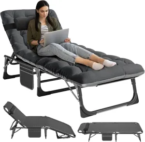 NAIZEA Folding Camping Cots, 4-Fold Sleeping Cots for Adults, Reclining Folding Chaise with Pillow, Adjustable Camping Reclining Chair, Outdoor Patio Lounge Chair for Pool, Beach, Patio, Sun Tanning