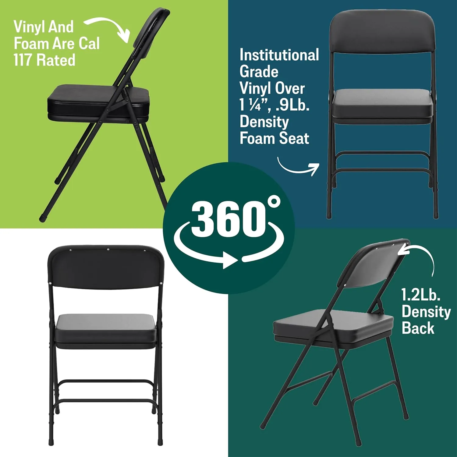 National Public Seating Premium Cushioned Portable Folding Chairs 3200 Series Upholstered, Heavy-Duty Foldable Chairs for Indoor & Outdoor Use – Set of 2, Comfortable & Durable, Black