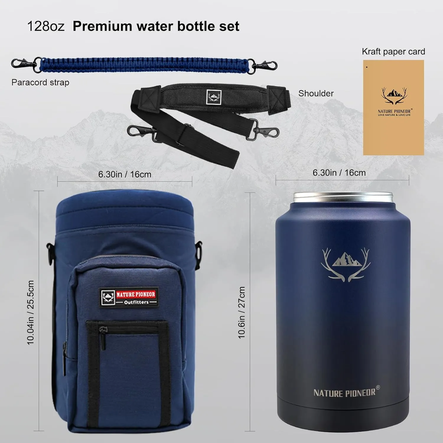 NATURE PIONEOR Insulated Water Bottles with Strap - 128 oz Stainless Steel Vacuum Bottle with Holder/Carrier/Sleeve - Reusable 18/8 Food Grade Thermos Water Jug