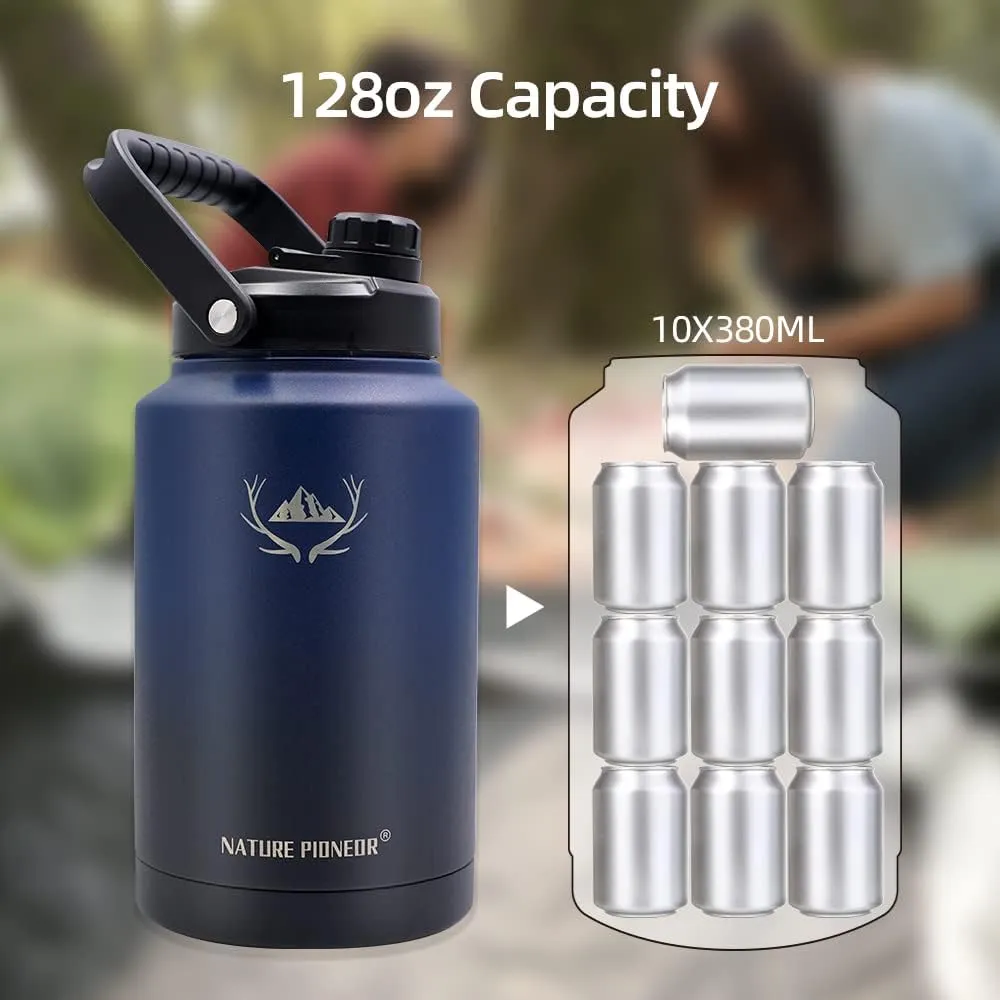 NATURE PIONEOR Insulated Water Bottles with Strap - 128 oz Stainless Steel Vacuum Bottle with Holder/Carrier/Sleeve - Reusable 18/8 Food Grade Thermos Water Jug