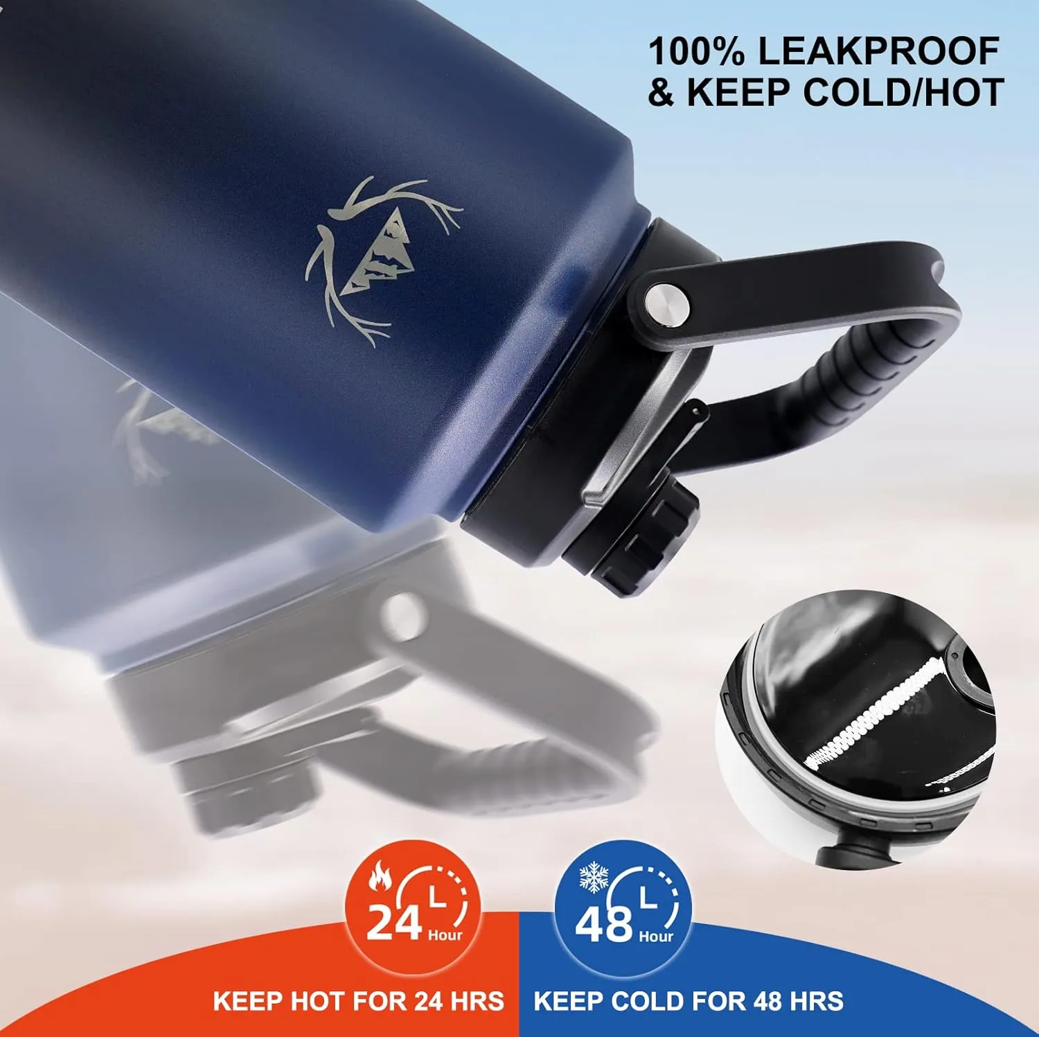NATURE PIONEOR Insulated Water Bottles with Strap - 128 oz Stainless Steel Vacuum Bottle with Holder/Carrier/Sleeve - Reusable 18/8 Food Grade Thermos Water Jug