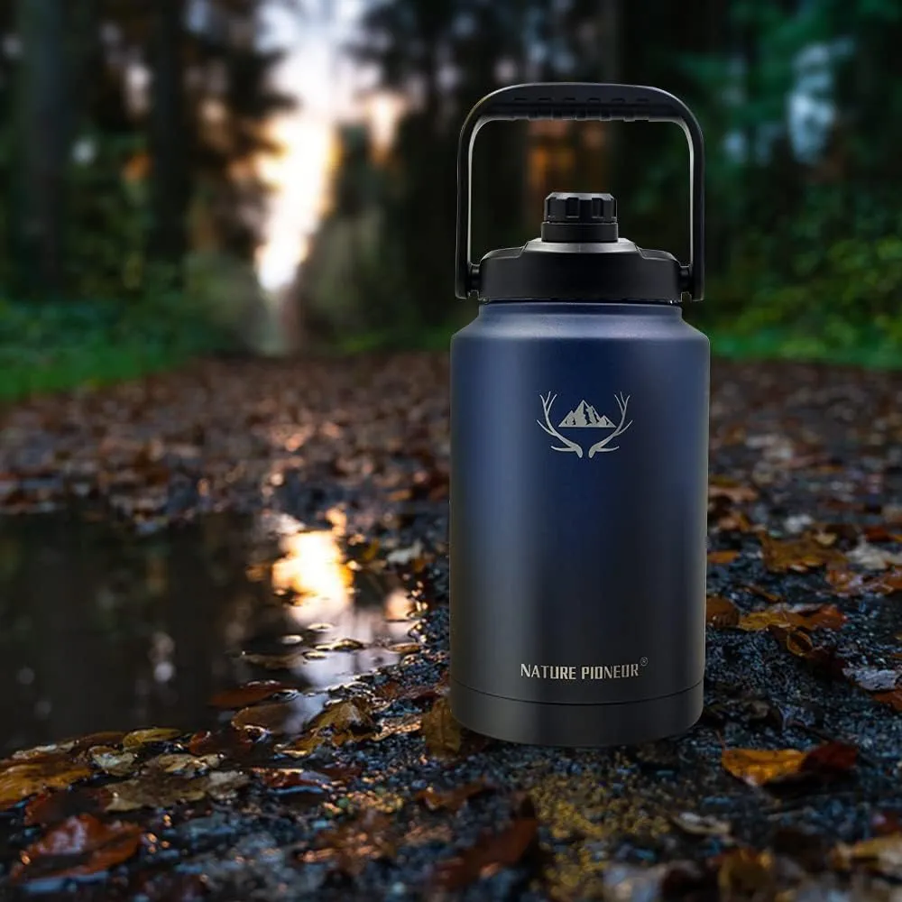 NATURE PIONEOR Insulated Water Bottles with Strap - 128 oz Stainless Steel Vacuum Bottle with Holder/Carrier/Sleeve - Reusable 18/8 Food Grade Thermos Water Jug