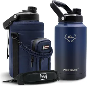NATURE PIONEOR Insulated Water Bottles with Strap - 128 oz Stainless Steel Vacuum Bottle with Holder/Carrier/Sleeve - Reusable 18/8 Food Grade Thermos Water Jug