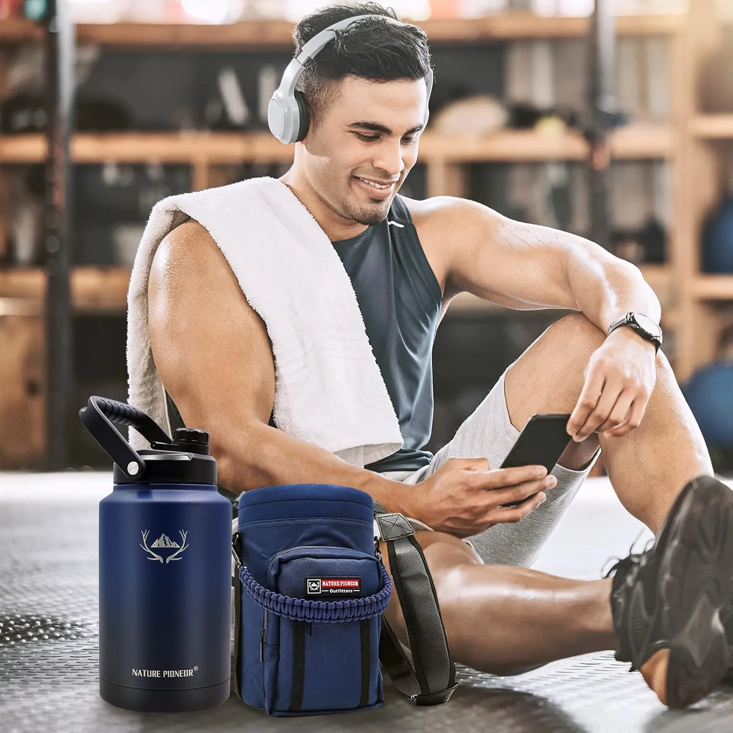 NATURE PIONEOR Insulated Water Bottles with Strap - 128 oz Stainless Steel Vacuum Bottle with Holder/Carrier/Sleeve - Reusable 18/8 Food Grade Thermos Water Jug