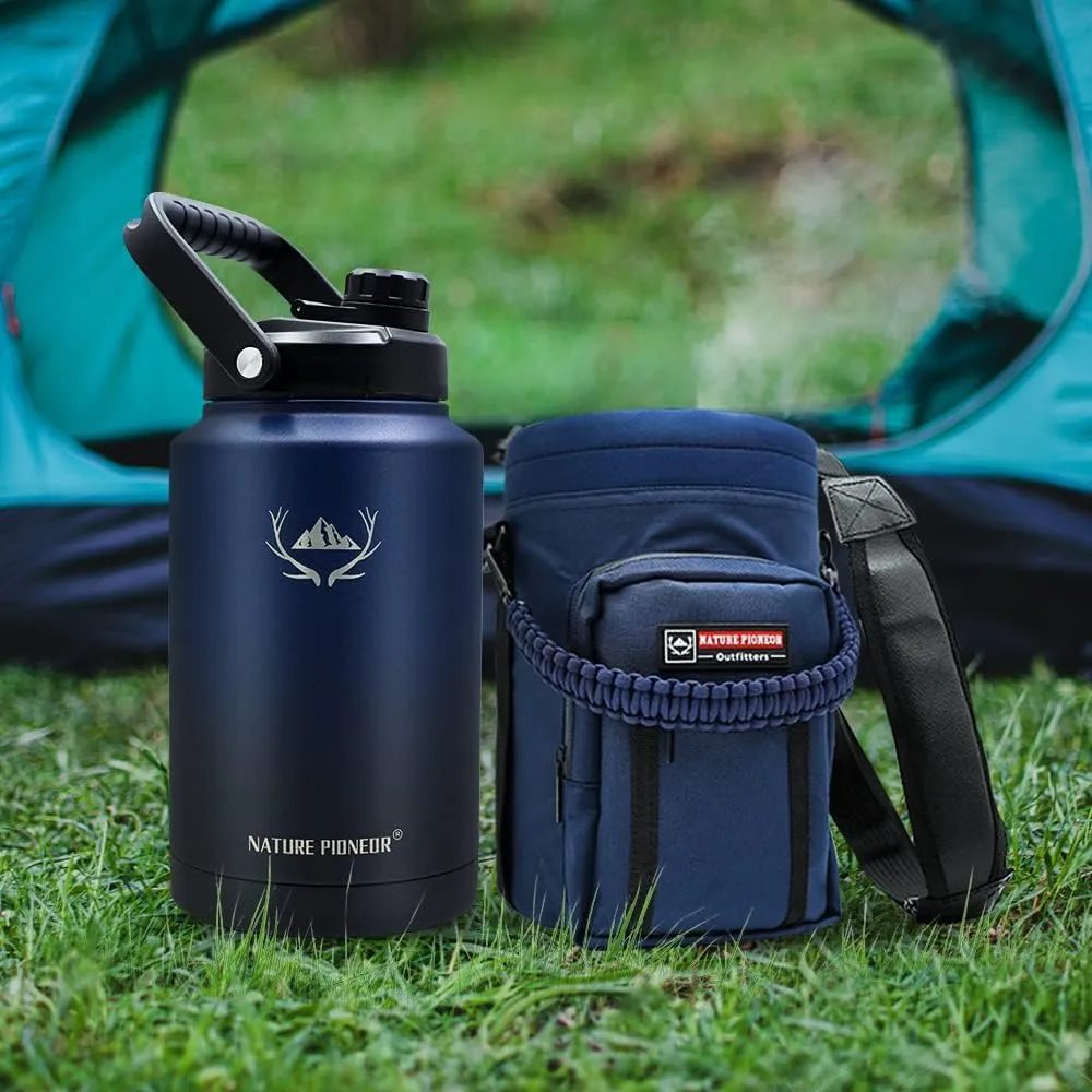 NATURE PIONEOR Insulated Water Bottles with Strap - 128 oz Stainless Steel Vacuum Bottle with Holder/Carrier/Sleeve - Reusable 18/8 Food Grade Thermos Water Jug