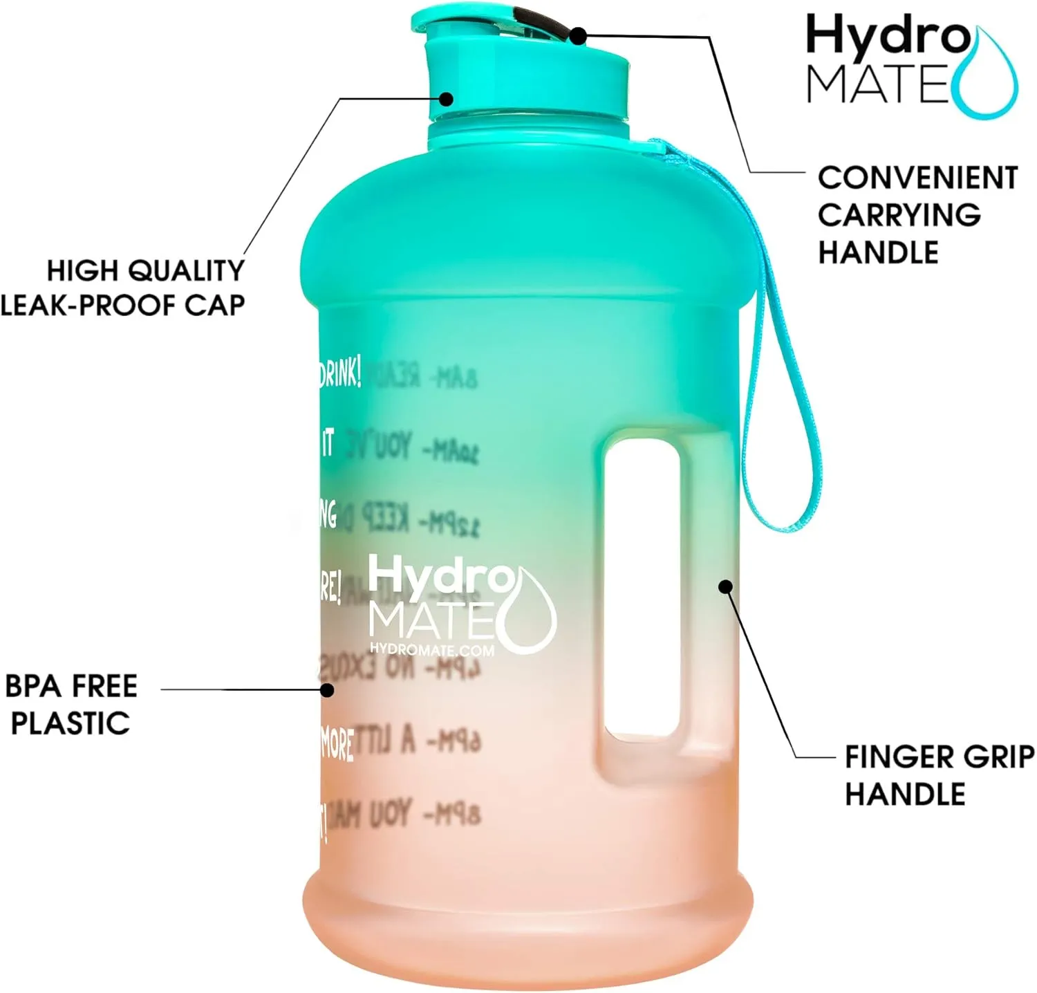 NatureWorks HydroMATE Half Gallon Water Bottle with Times to Drink BPA Free Leak Proof Reusable Jug with Handle 64 oz