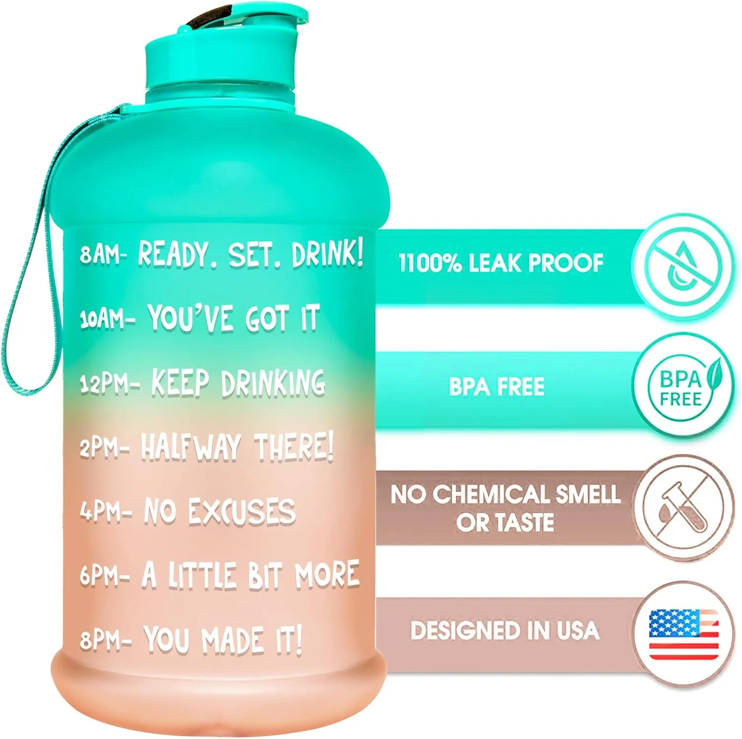 NatureWorks HydroMATE Half Gallon Water Bottle with Times to Drink BPA Free Leak Proof Reusable Jug with Handle 64 oz