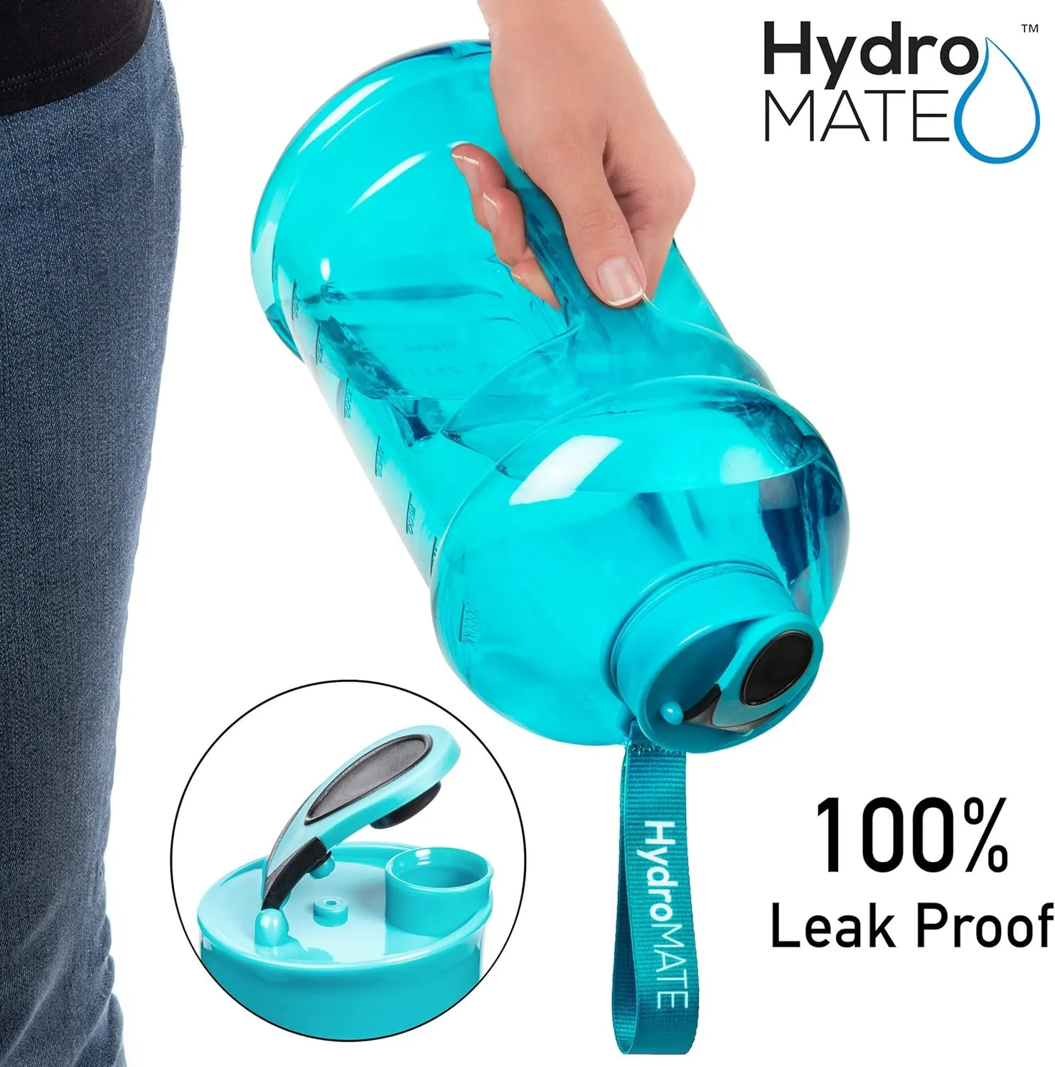 NatureWorks HydroMATE Half Gallon Water Bottle with Times to Drink BPA Free Leak Proof Reusable Jug with Handle 64 oz