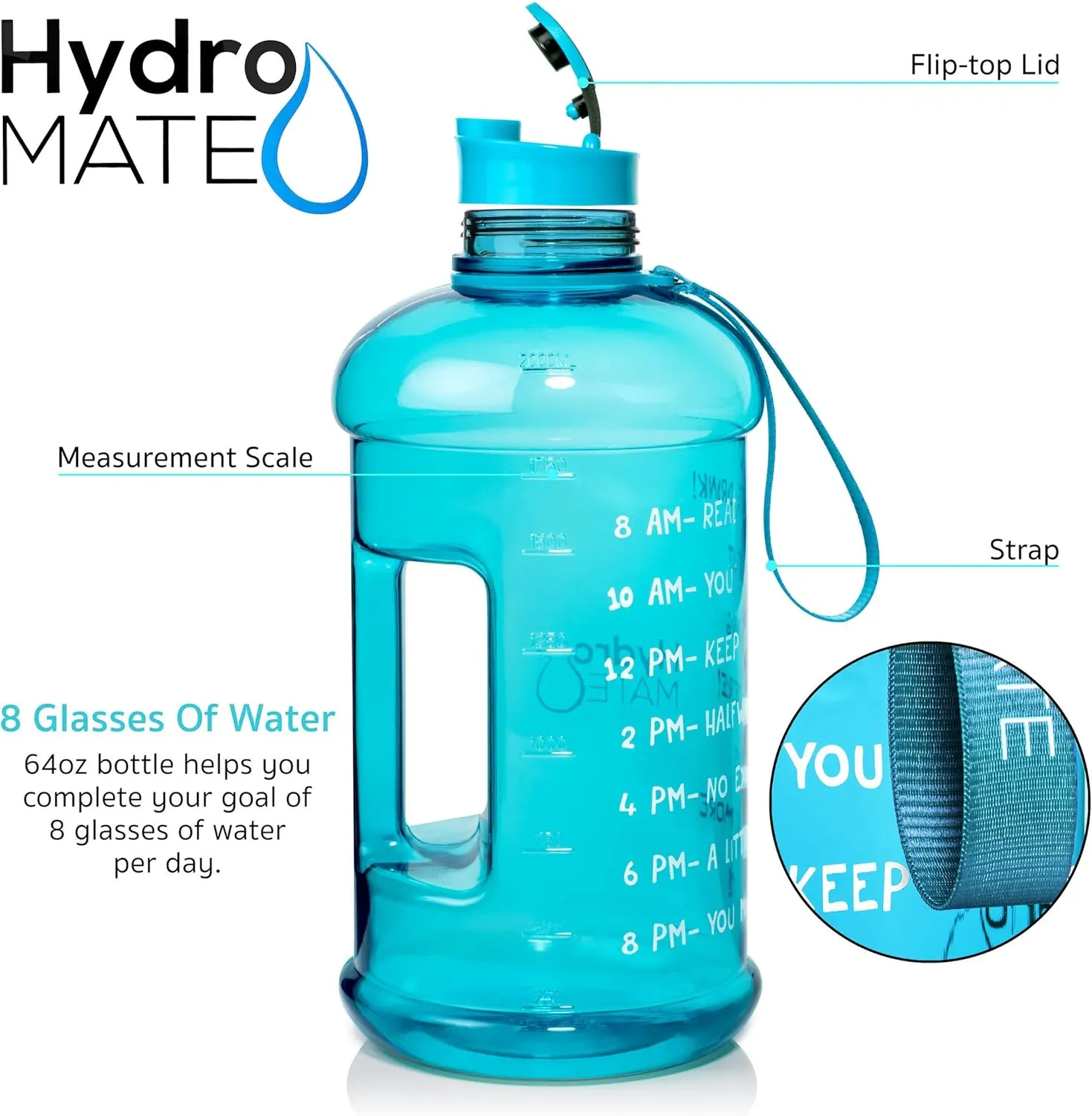 NatureWorks HydroMATE Half Gallon Water Bottle with Times to Drink BPA Free Leak Proof Reusable Jug with Handle 64 oz