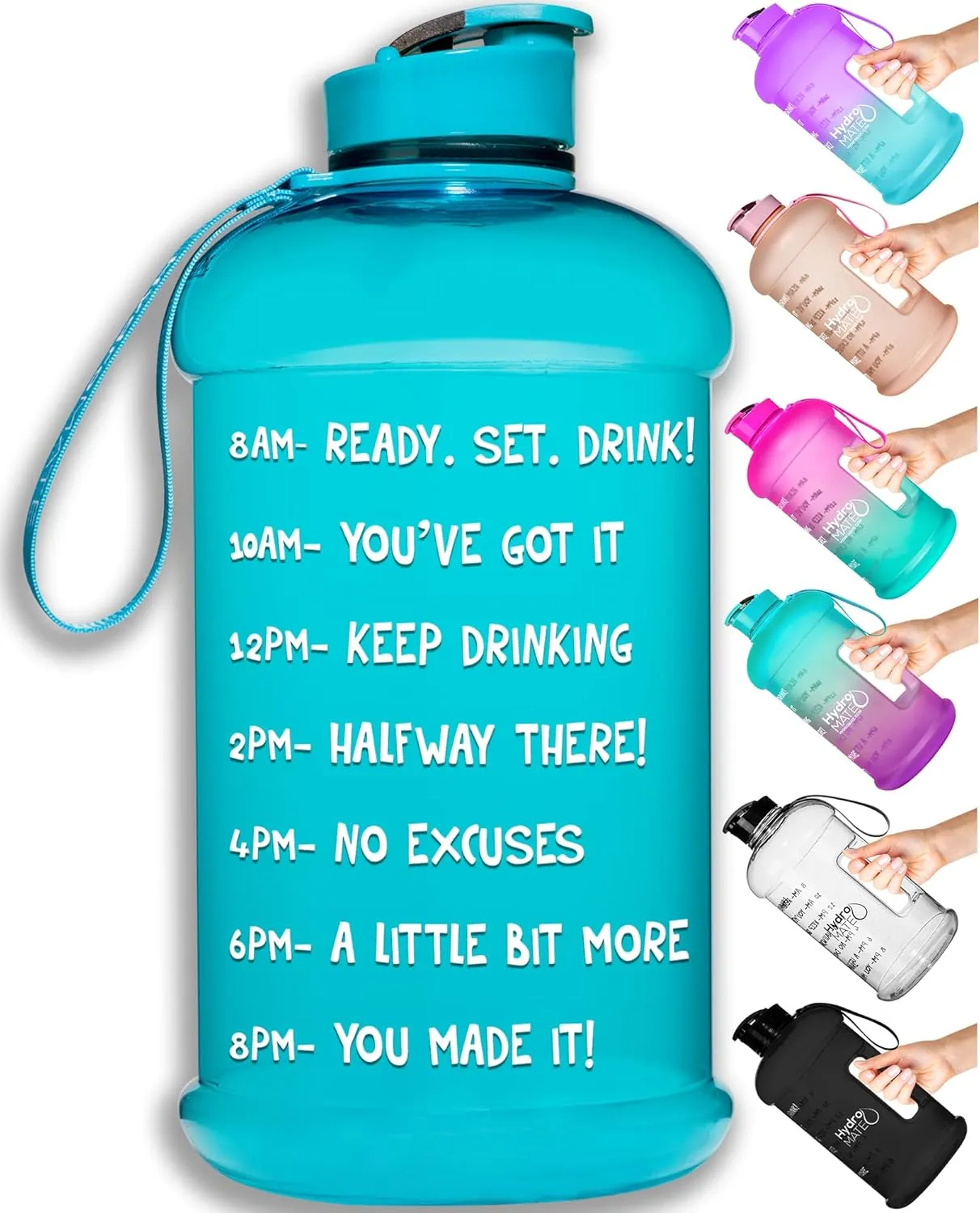 NatureWorks HydroMATE Half Gallon Water Bottle with Times to Drink BPA Free Leak Proof Reusable Jug with Handle 64 oz