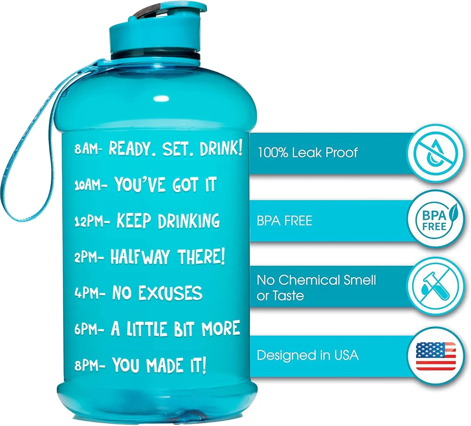 NatureWorks HydroMATE Half Gallon Water Bottle with Times to Drink BPA Free Leak Proof Reusable Jug with Handle 64 oz