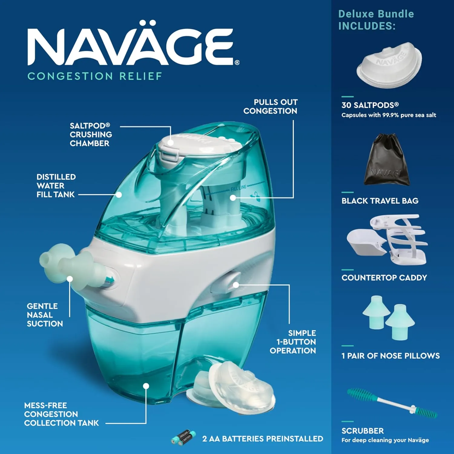 Navage Deluxe Bundle Nasal Irrigation System - Saline Nasal Rinse Kit with 1 Nose Cleaner, 30 Salt Pods, Black Travel Bag and 1 Countertop Caddy