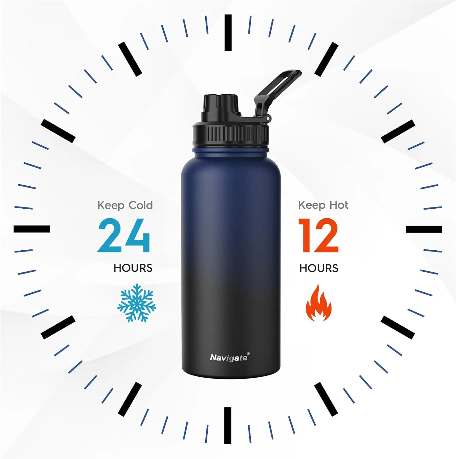 Navigate 32 oz Stainless Steel Insulated Water Bottle,Double Walled Leak Proof Keep Cold for 24 Hrs Hot for 12 Hrs,Wide Mouth Water Jug with Spout & Handle Lids,Blue to Black