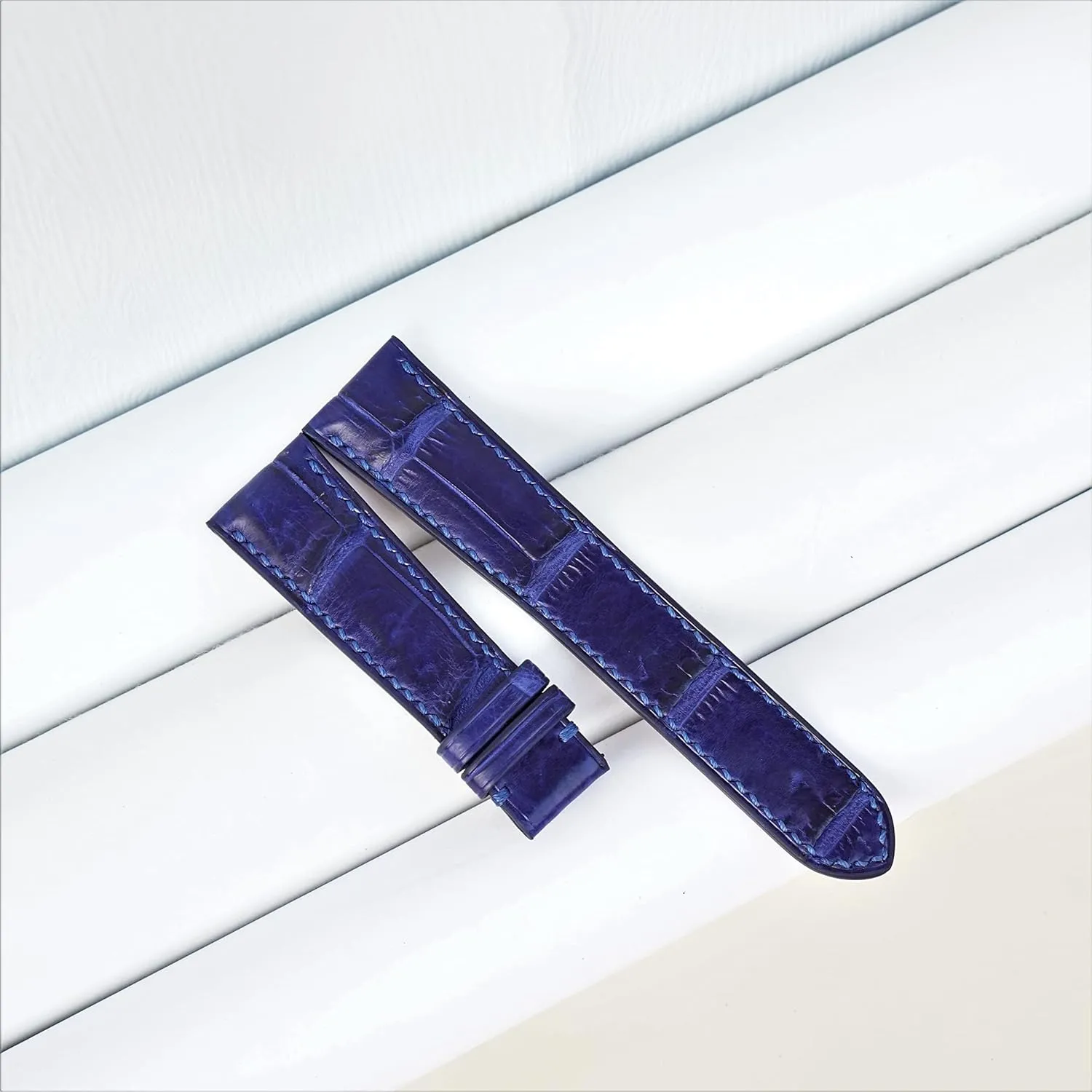 Navy Blue Alligator watch strap, Premium Quality Alligator leather watch band (20mm, Steel Folding Clasp)