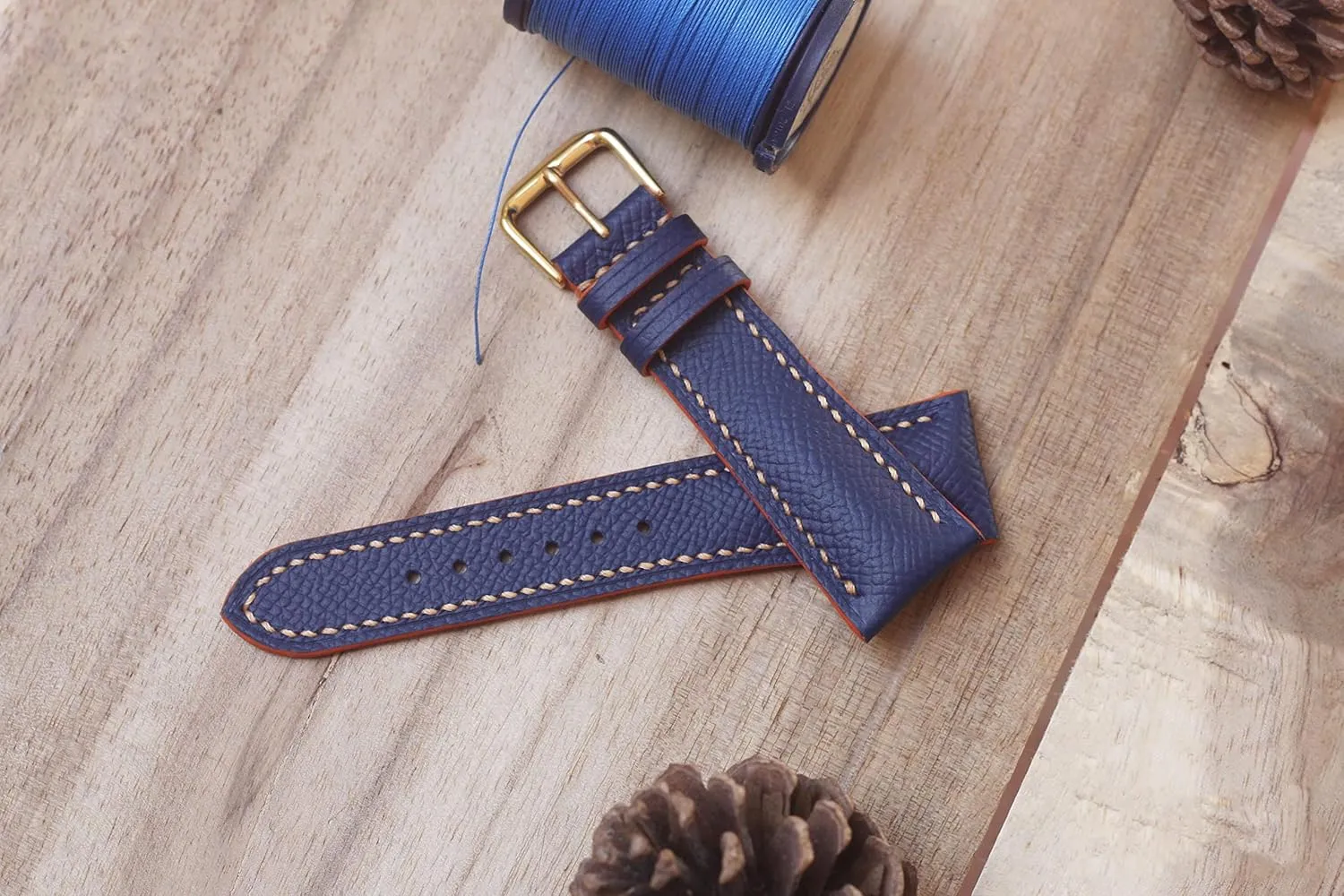 Navy Blue Calf leather watch strap, Premium Quality Epsom leather watch band (24mm, Steel Folding Clasp)