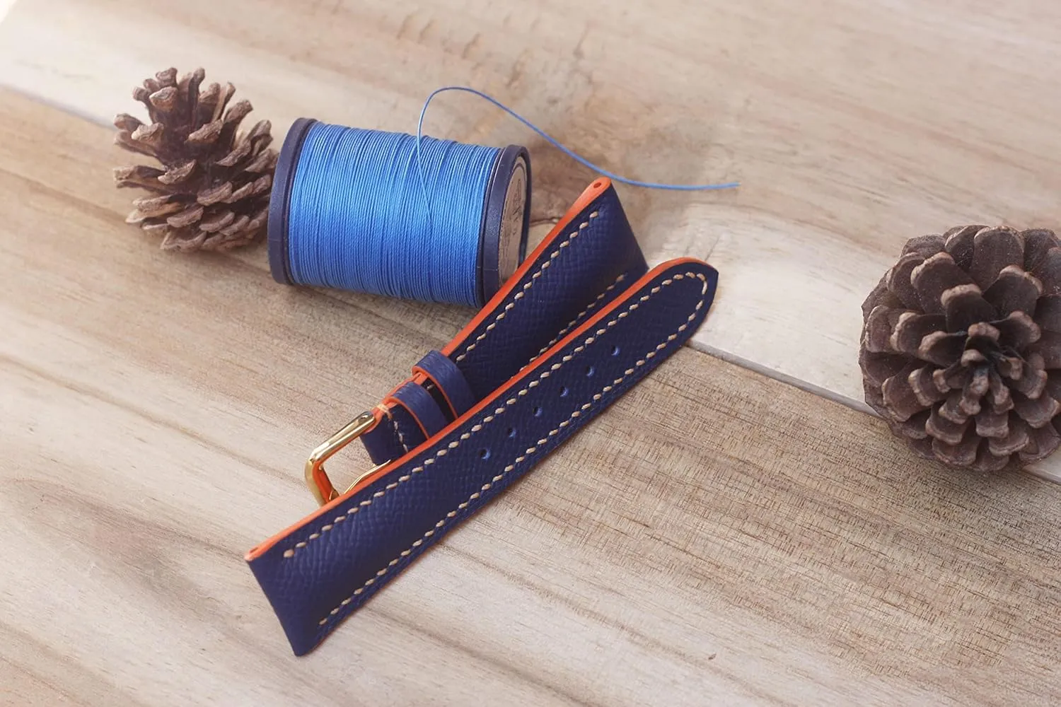 Navy Blue Calf leather watch strap, Premium Quality Epsom leather watch band (24mm, Steel Folding Clasp)
