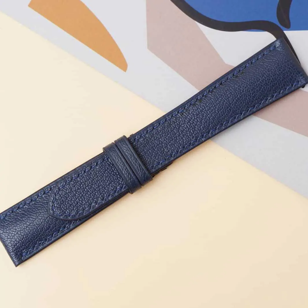 Navy Blue Goat leather watch strap, Handmade Alran Chevre Sully leather watch band (24mm, Steel Folding Clasp)