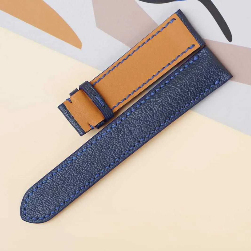 Navy Blue Goat leather watch strap, Handmade Alran Chevre Sully leather watch band (24mm, Steel Folding Clasp)