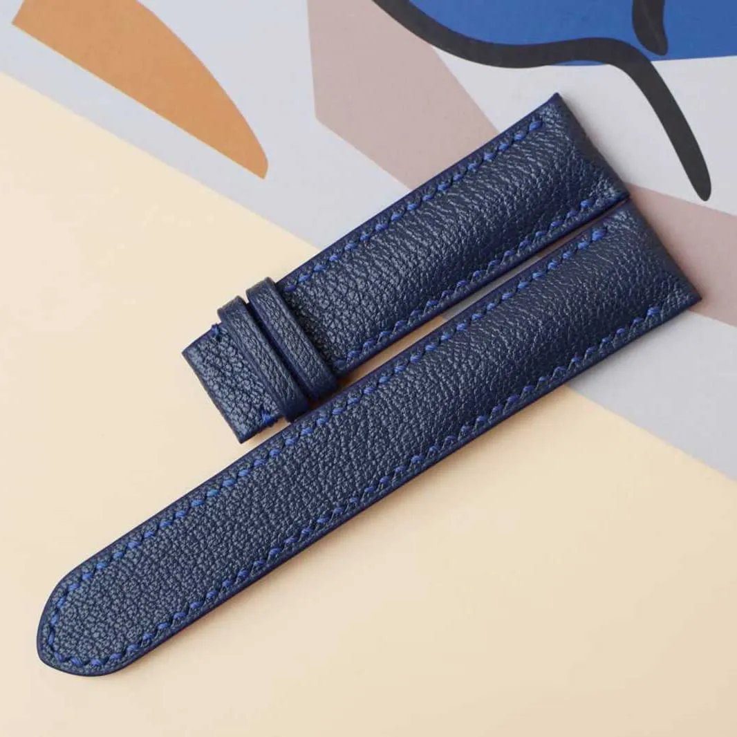 Navy Blue Goat leather watch strap, Handmade Alran Chevre Sully leather watch band (24mm, Steel Folding Clasp)