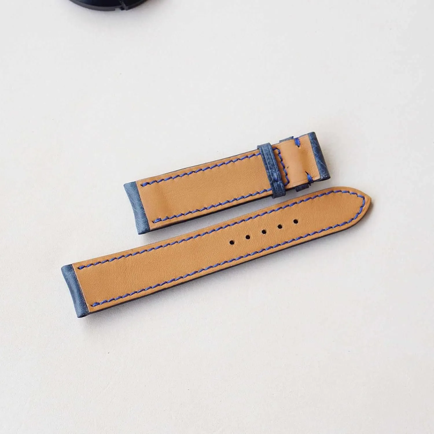 Navy Blue Vintage leather watch band, Handmade Tuscany Cow leather watch strap (23mm, Steel Folding Clasp)