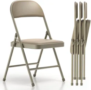 Nazhura 4 Pack Folding Chairs with Padded Vinyl Cushion Chairs with Comfortable Cushion and Durable Steel Frame for Home and Office, for Indoor and Outdoor Events (Kahki Vinyl Padding 4 Pack)