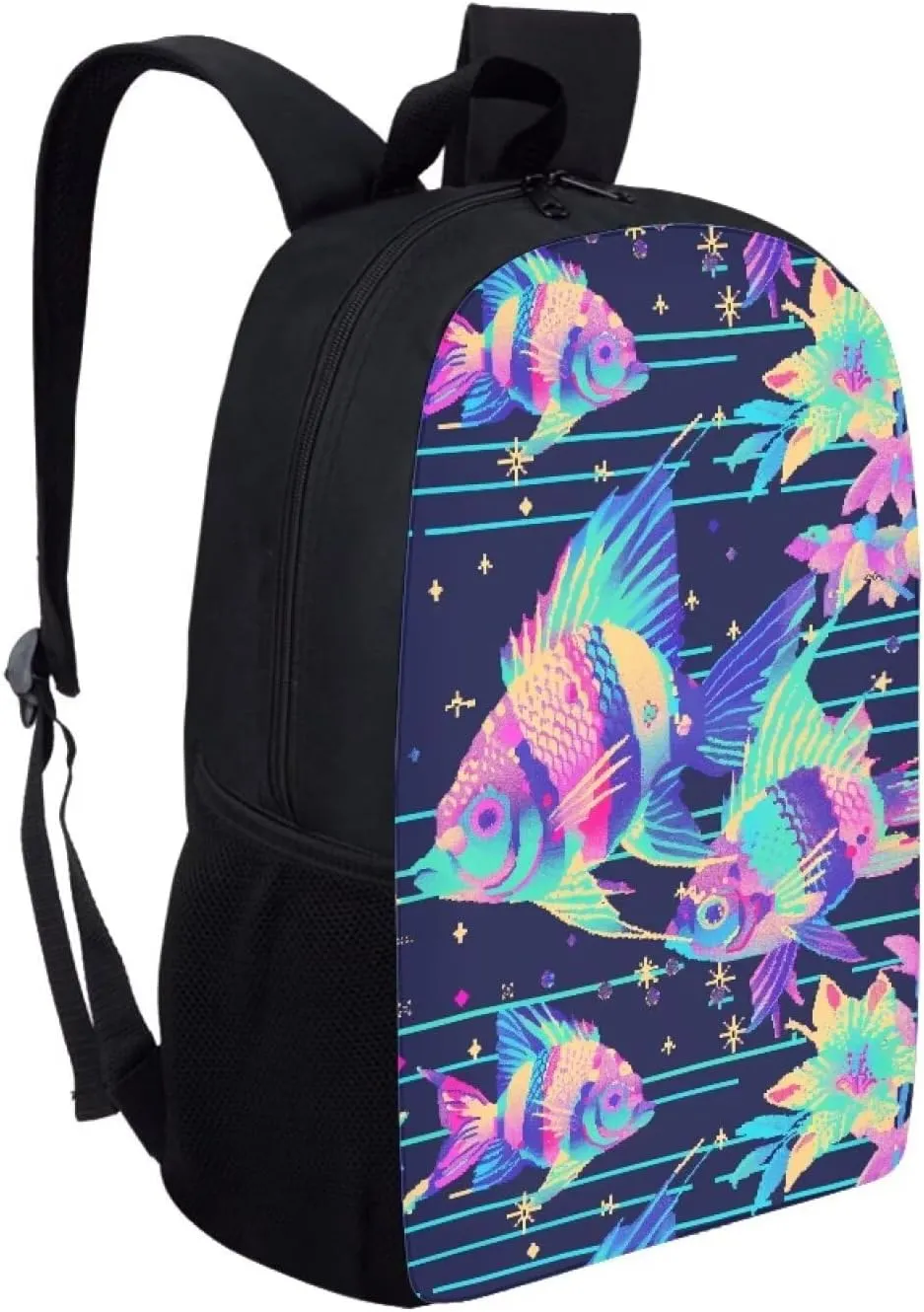 Neon Fantasy Fish B Print Vibrant Animal Pattern Student Backpack 17 Inch Bag for Teens，Perfect for Sports & Campus Life