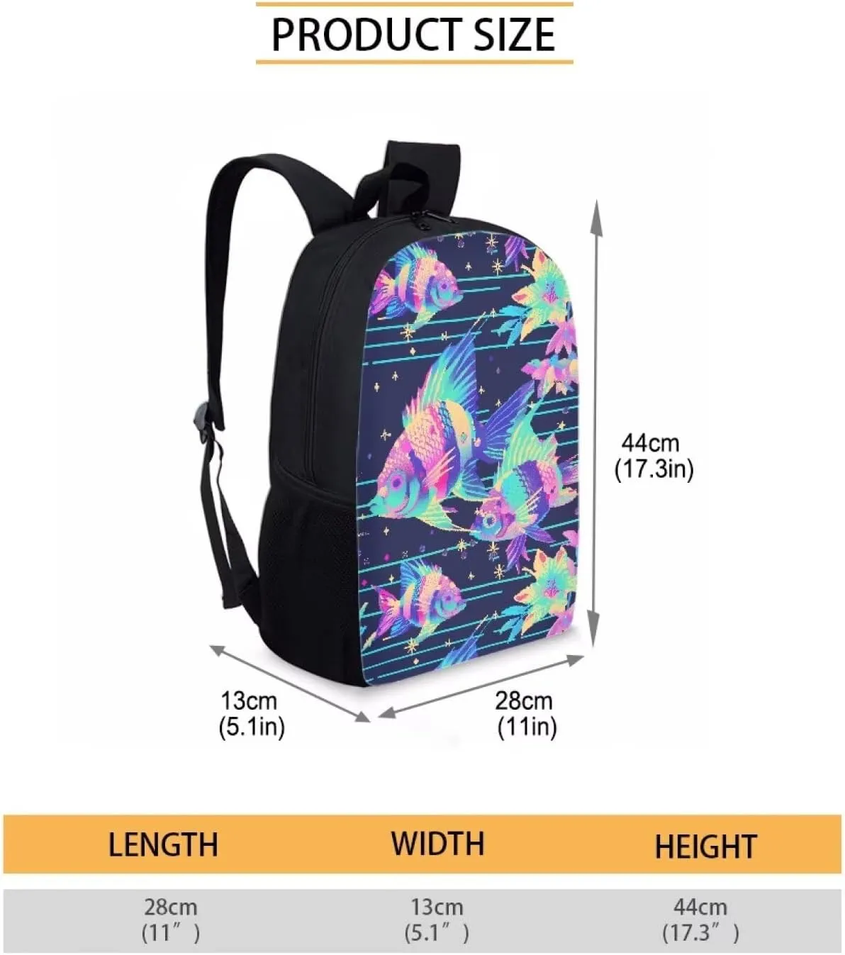 Neon Fantasy Fish B Print Vibrant Animal Pattern Student Backpack 17 Inch Bag for Teens，Perfect for Sports & Campus Life
