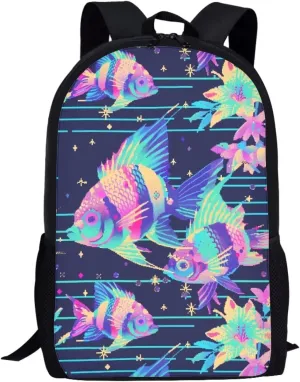 Neon Fantasy Fish B Print Vibrant Animal Pattern Student Backpack 17 Inch Bag for Teens，Perfect for Sports & Campus Life