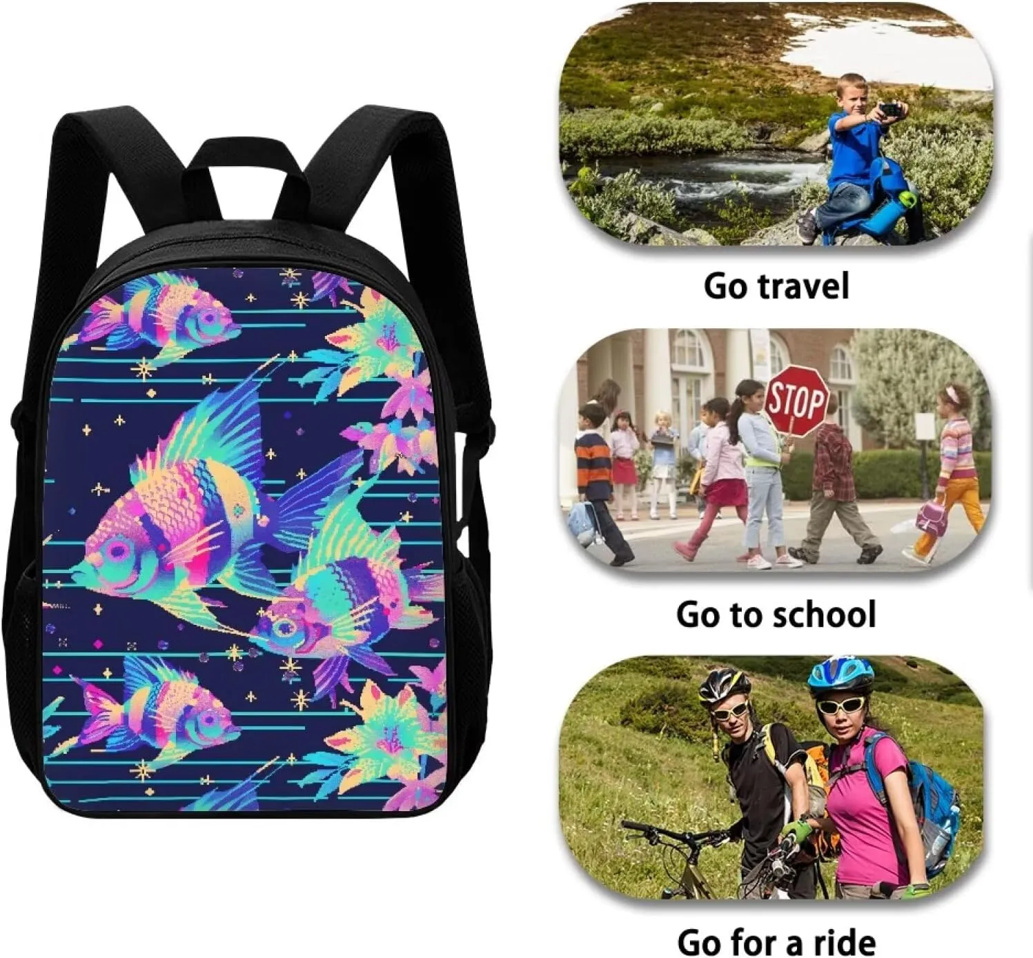 Neon Fantasy Fish B Print Vibrant Animal Pattern Student Backpack 17 Inch Bag for Teens，Perfect for Sports & Campus Life