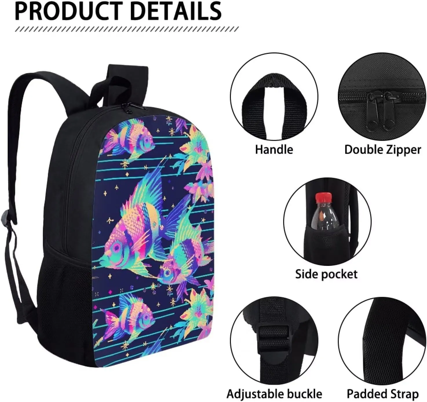 Neon Fantasy Fish B Print Vibrant Animal Pattern Student Backpack 17 Inch Bag for Teens，Perfect for Sports & Campus Life