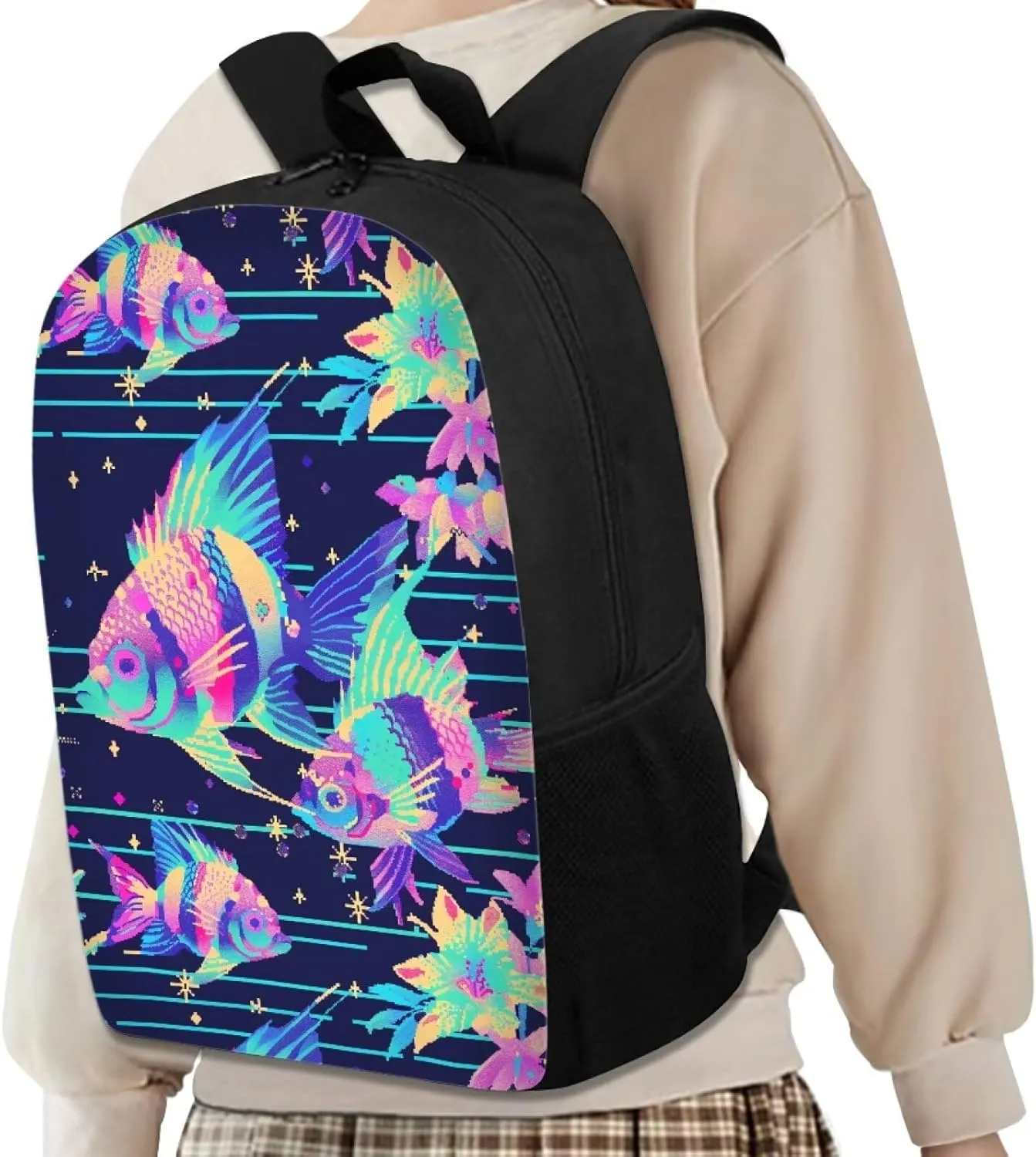 Neon Fantasy Fish B Print Vibrant Animal Pattern Student Backpack 17 Inch Bag for Teens，Perfect for Sports & Campus Life