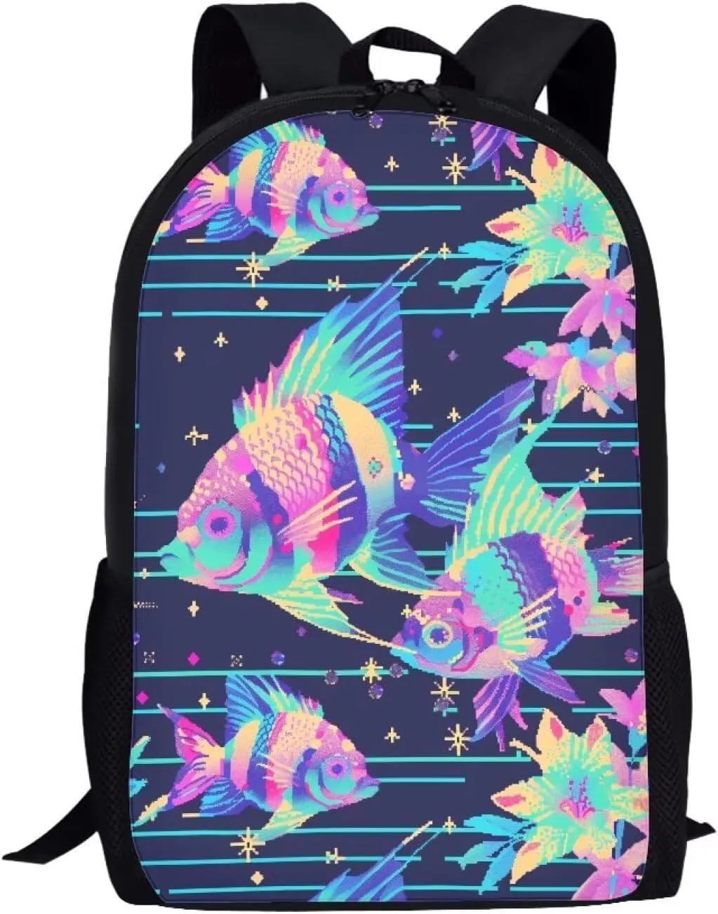 Neon Fantasy Fish B Print Vibrant Animal Pattern Student Backpack 17 Inch Bag for Teens，Perfect for Sports & Campus Life