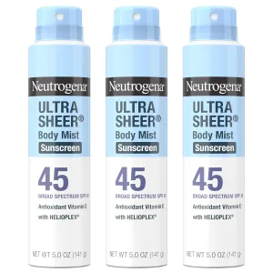 Neutrogena Ultra Sheer Body Mist Sunscreen Spray, Broad Spectrum SPF 45, Lightweight Spray Sunscreen, Non-Greasy & Water Resistant, Oil-Free & Non-Comedogenic UVA/UVB, 5 oz Pack of 3