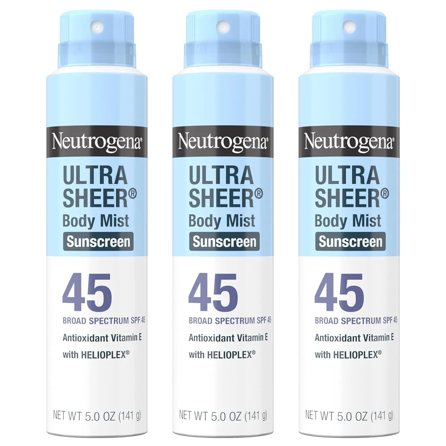 Neutrogena Ultra Sheer Body Mist Sunscreen Spray, Broad Spectrum SPF 45, Lightweight Spray Sunscreen, Non-Greasy & Water Resistant, Oil-Free & Non-Comedogenic UVA/UVB, 5 oz Pack of 3